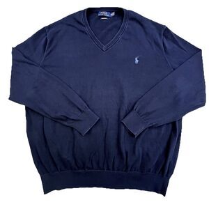 Polo Ralph Lauren Sweater Men 2XL Blue Pima Cotton Pullover V Neck Long Sleeve